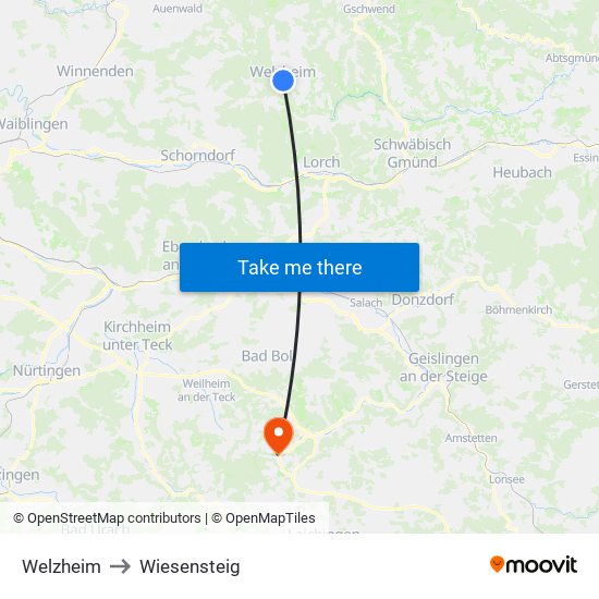 Welzheim to Wiesensteig map