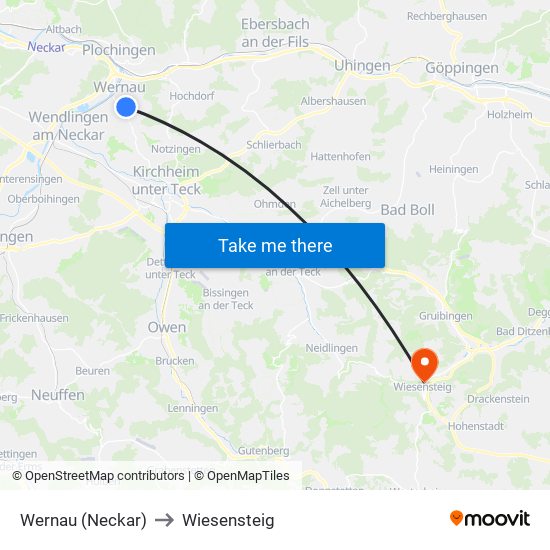 Wernau (Neckar) to Wiesensteig map