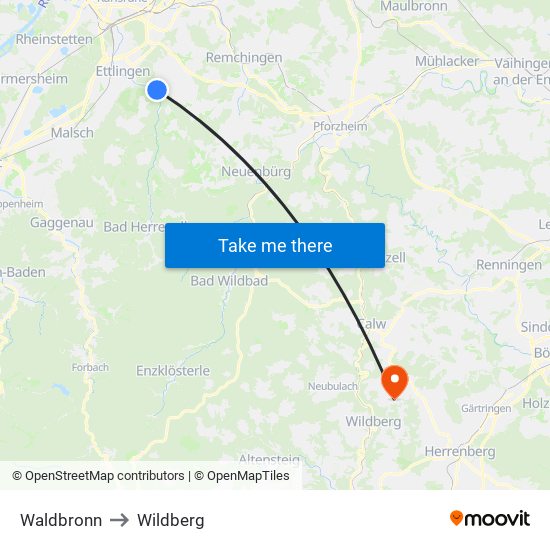 Waldbronn to Wildberg map