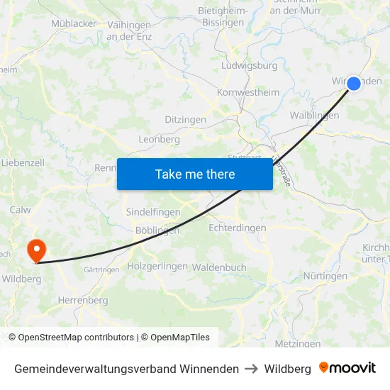 Gemeindeverwaltungsverband Winnenden to Wildberg map