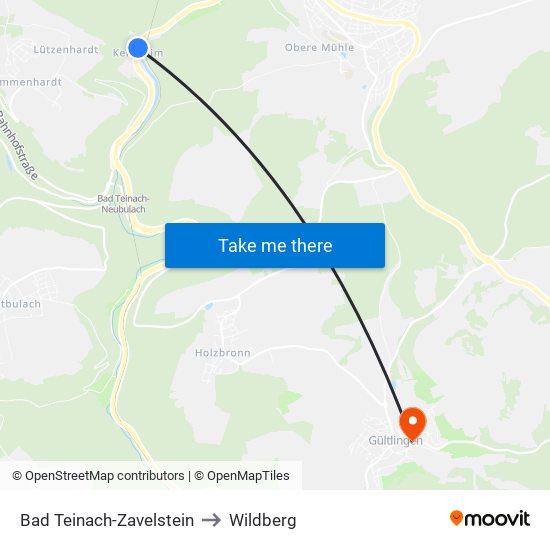 Bad Teinach-Zavelstein to Wildberg map