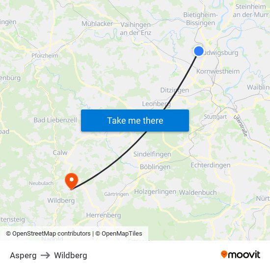 Asperg to Wildberg map