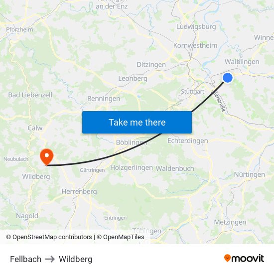 Fellbach to Wildberg map
