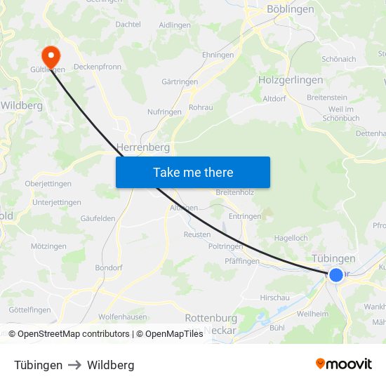 Tübingen to Wildberg map