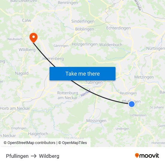 Pfullingen to Wildberg map
