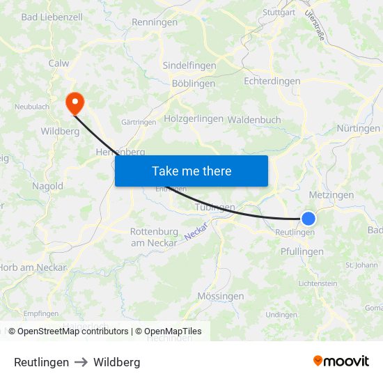 Reutlingen to Wildberg map