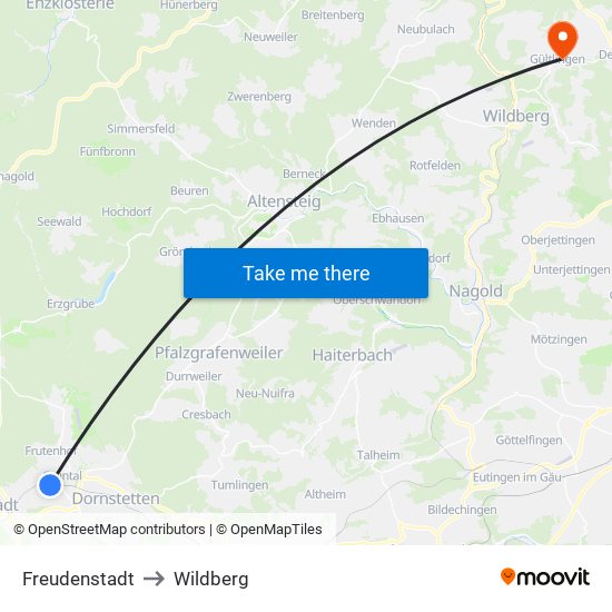 Freudenstadt to Wildberg map