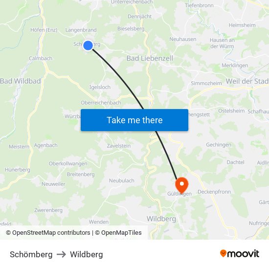 Schömberg to Wildberg map