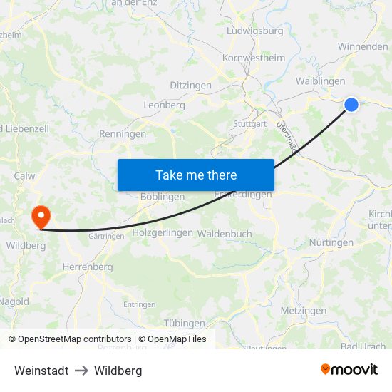 Weinstadt to Wildberg map