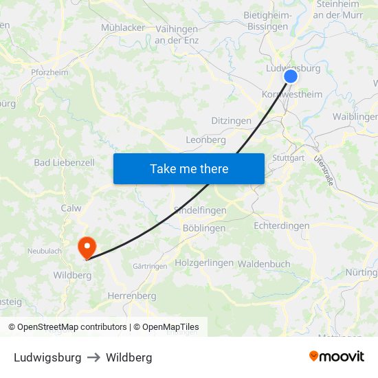 Ludwigsburg to Wildberg map