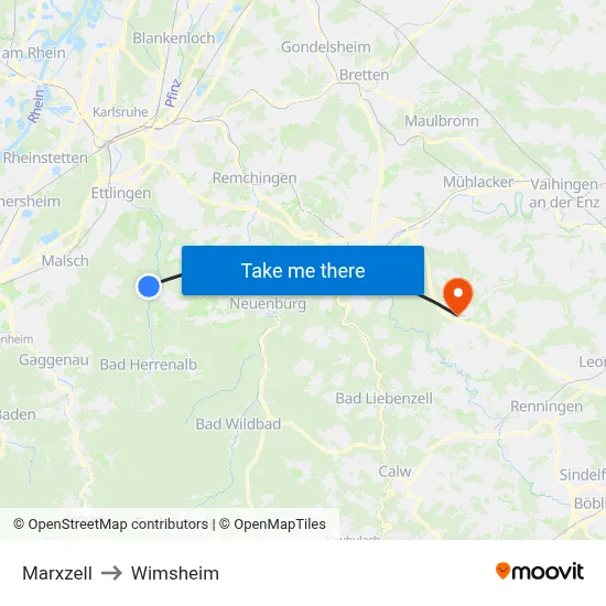 Marxzell to Wimsheim map