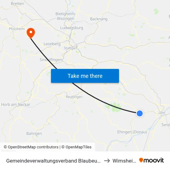 Gemeindeverwaltungsverband Blaubeuren to Wimsheim map