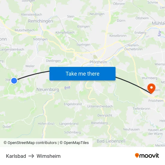 Karlsbad to Wimsheim map