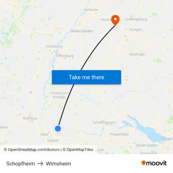 Schopfheim to Wimsheim map