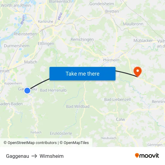 Gaggenau to Wimsheim map