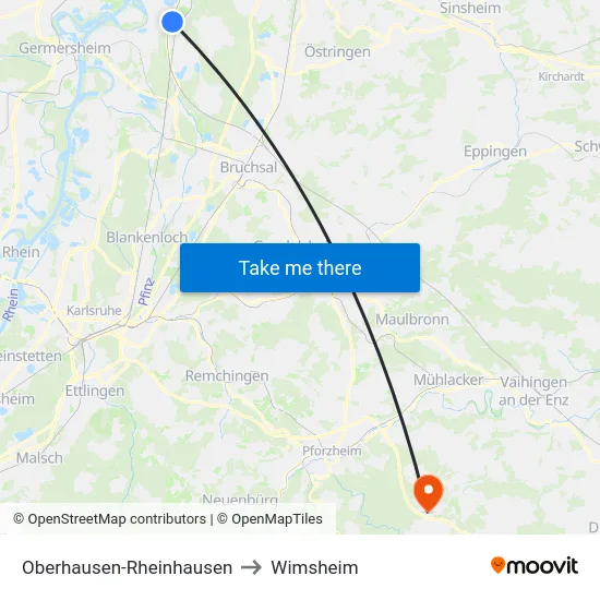 Oberhausen-Rheinhausen to Wimsheim map