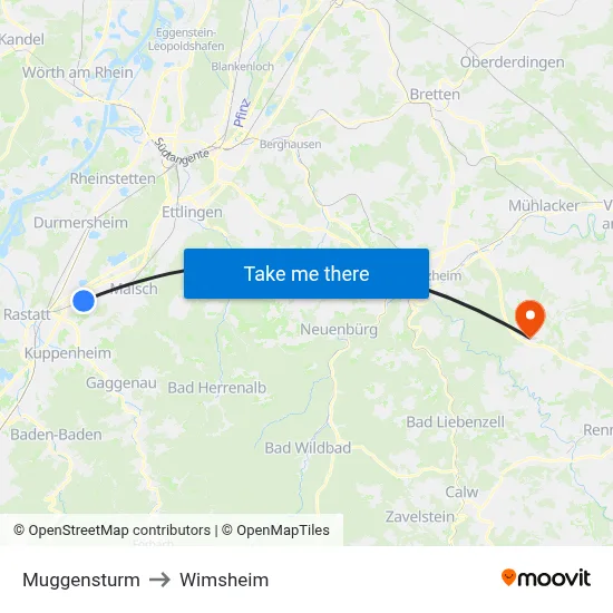 Muggensturm to Wimsheim map