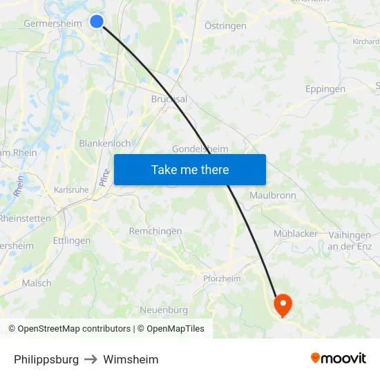 Philippsburg to Wimsheim map