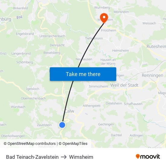 Bad Teinach-Zavelstein to Wimsheim map