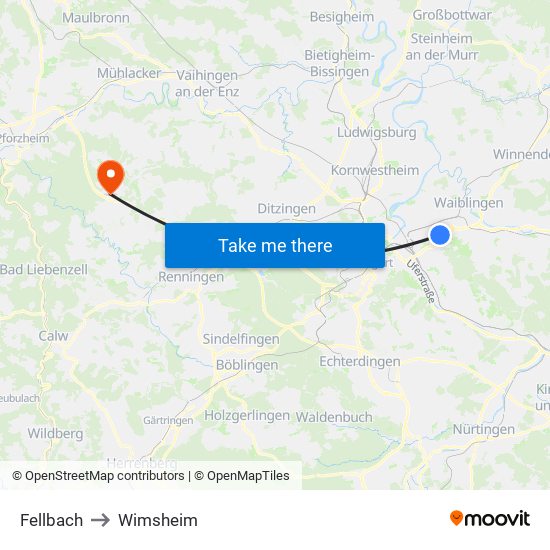 Fellbach to Wimsheim map