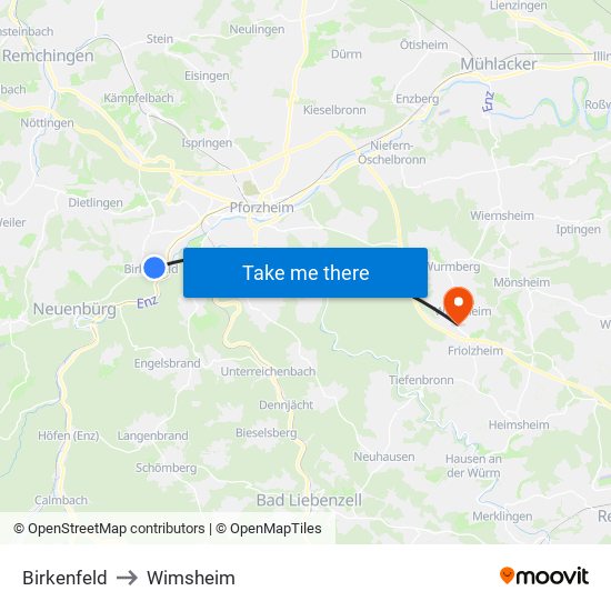 Birkenfeld to Wimsheim map