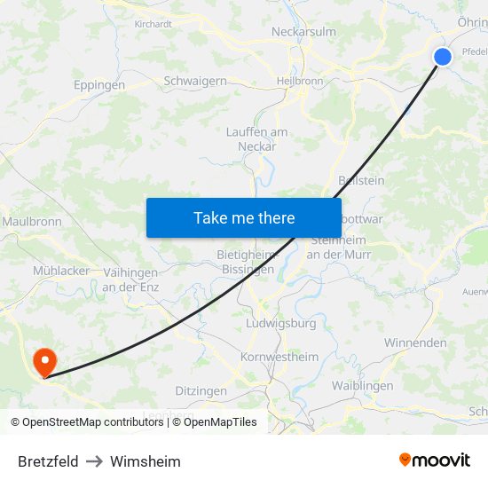 Bretzfeld to Wimsheim map