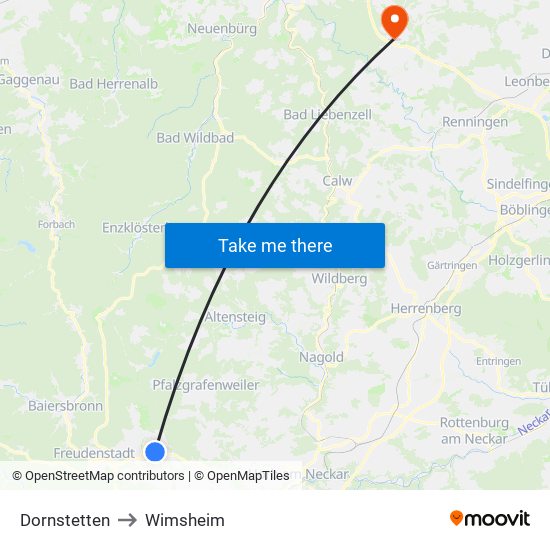 Dornstetten to Wimsheim map