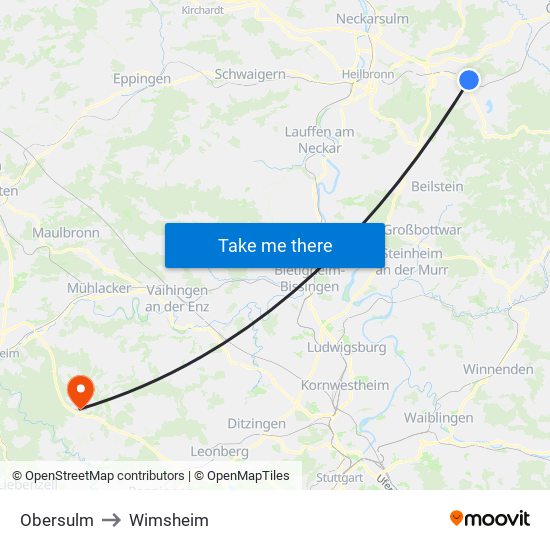 Obersulm to Wimsheim map