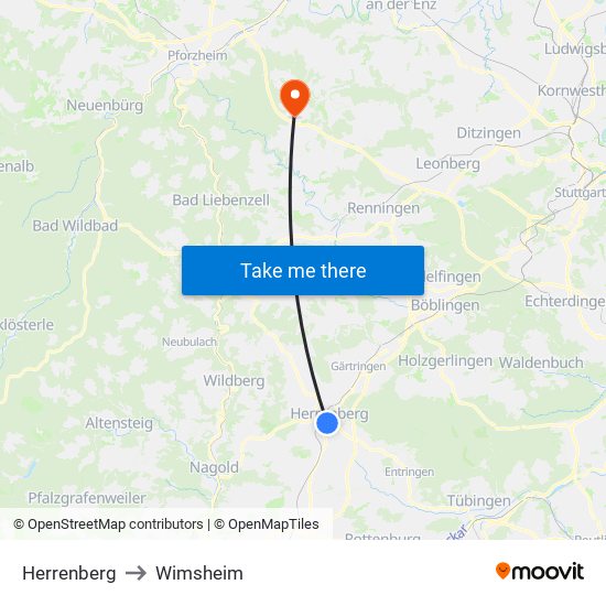 Herrenberg to Wimsheim map