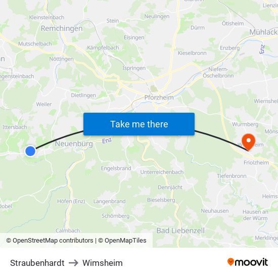 Straubenhardt to Wimsheim map