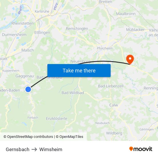 Gernsbach to Wimsheim map