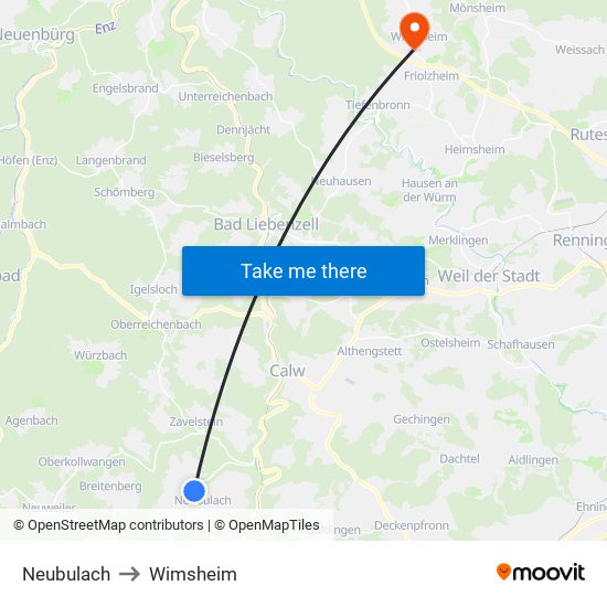 Neubulach to Wimsheim map