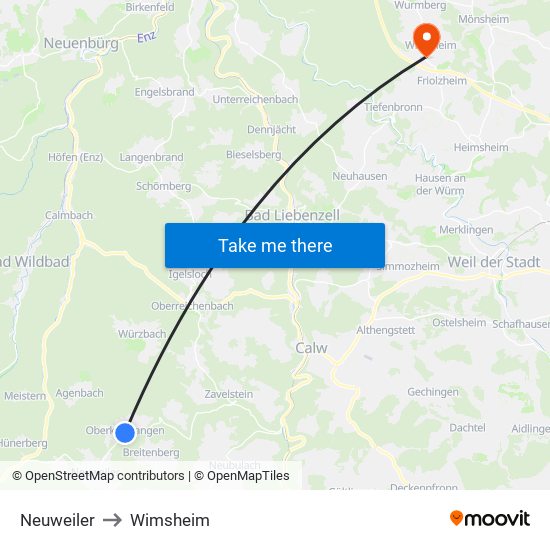 Neuweiler to Wimsheim map