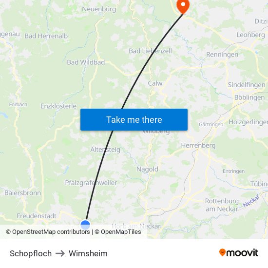 Schopfloch to Wimsheim map