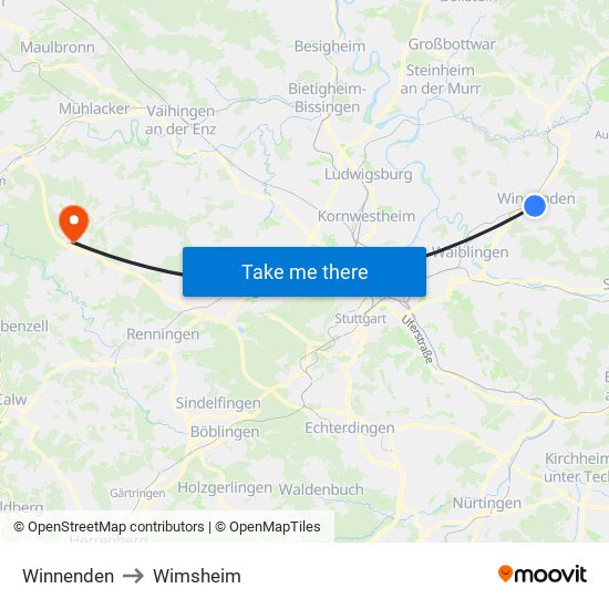Winnenden to Wimsheim map