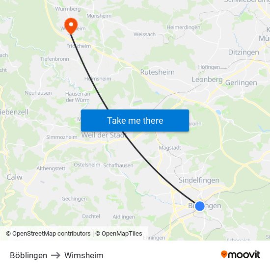 Böblingen to Wimsheim map