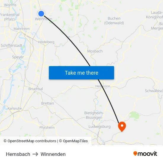 Hemsbach to Winnenden map