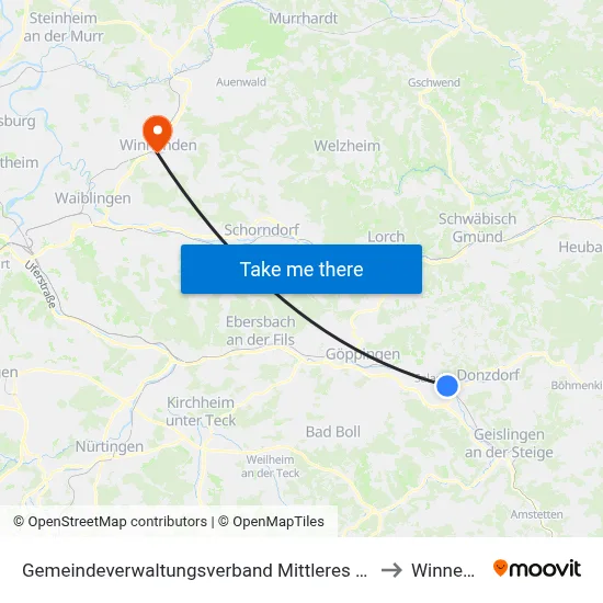 Gemeindeverwaltungsverband Mittleres Fils-Lautertal to Winnenden map