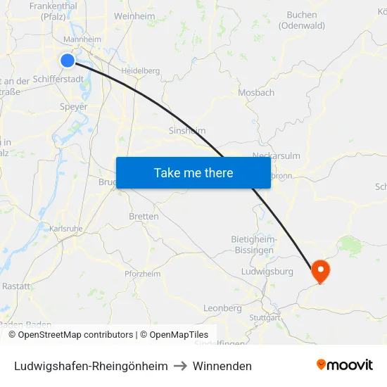 Ludwigshafen-Rheingönheim to Winnenden map