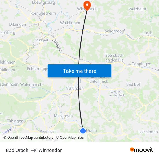 Bad Urach to Winnenden map