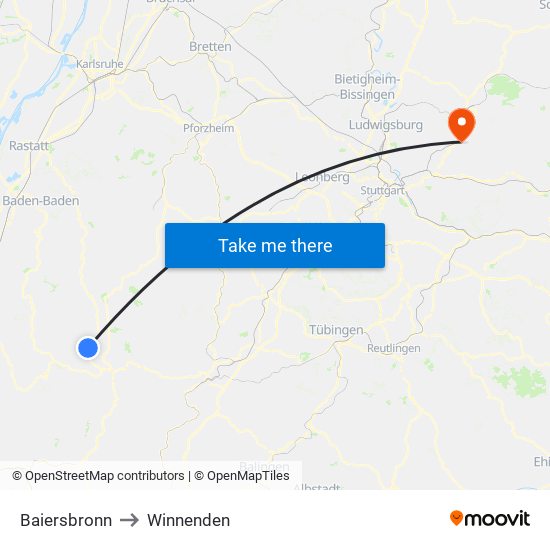 Baiersbronn to Winnenden map