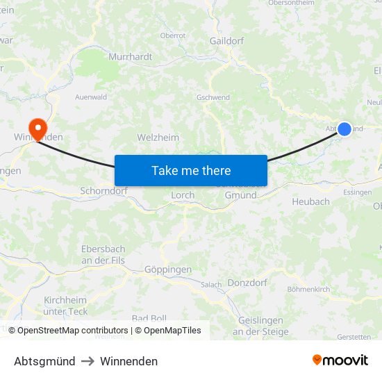 Abtsgmünd to Winnenden map