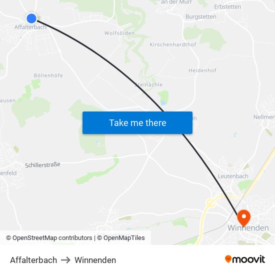 Affalterbach to Winnenden map