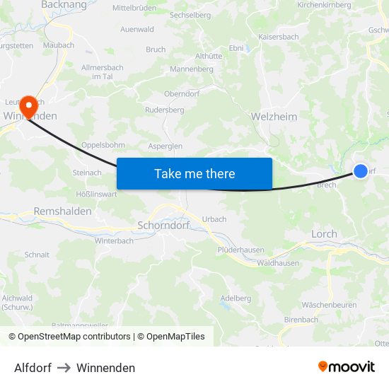 Alfdorf to Winnenden map