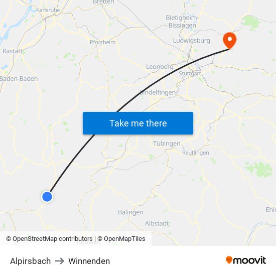 Alpirsbach to Winnenden map