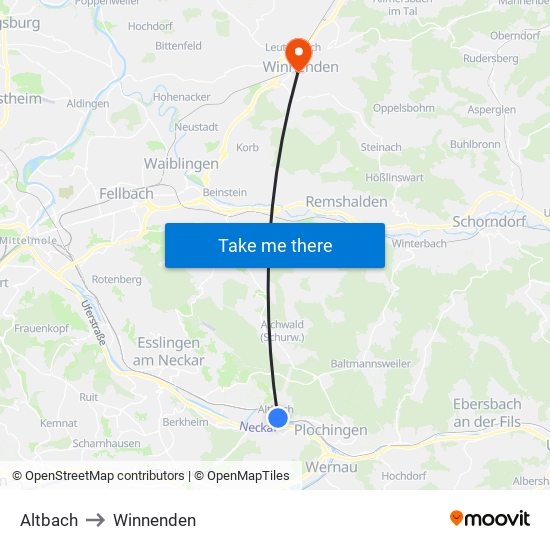 Altbach to Winnenden map