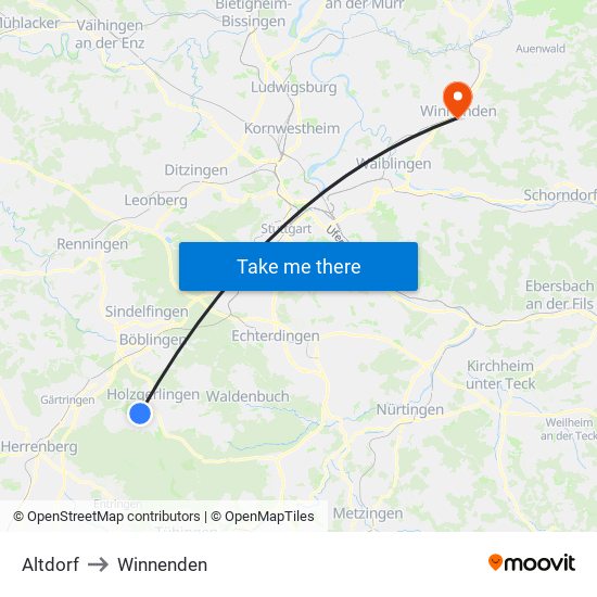 Altdorf to Winnenden map