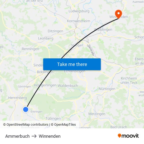 Ammerbuch to Winnenden map