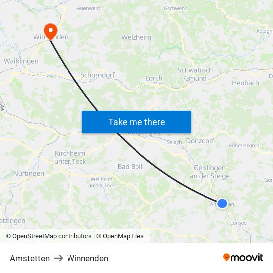 Amstetten to Winnenden map