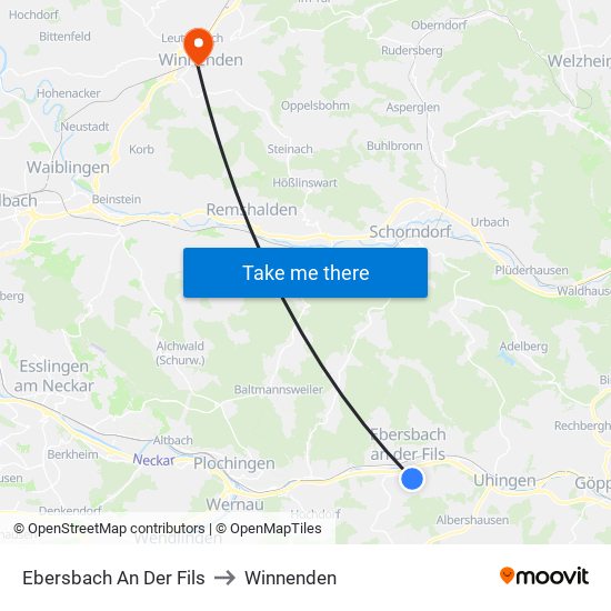 Ebersbach An Der Fils to Winnenden map